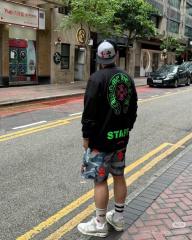 1:1 Quality CH Neon Green Circle Logo Pocket Long Sleeve Tee Black