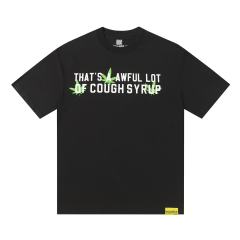 Cough Syrup Minimal Street Green Hemp Leaf Accent Horizontal Slogan Front Large Vertical Bold Segmented Letter Tee 2 colors 29302254