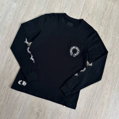 1:1 Quality CH Black Vertical Logo Cross Print Long Sleeve Tee