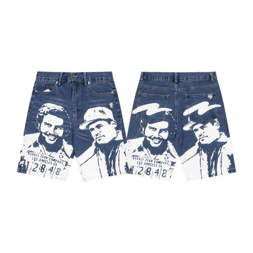 Asaali Blue Washed Distressed Denim Shorts Large White Character Mugshot Portrait Print