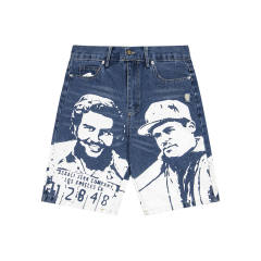 Asaali Blue Washed Distressed Denim Shorts Large White Character Mugshot Portrait Print