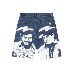 Asaali Blue Washed Distressed Denim Shorts Large White Character Mugshot Portrait Print