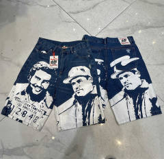 Asaali Blue Washed Distressed Denim Shorts Large White Character Mugshot Portrait Print