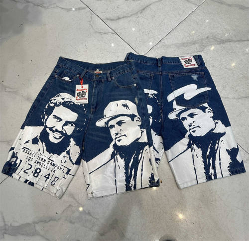 Asaali Blue Washed Distressed Denim Shorts Large White Character Mugshot Portrait Print