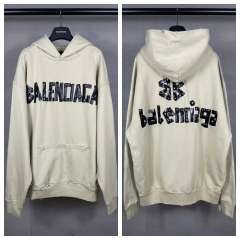 BLCG Beige Distressed Frayed Black Tape‑Letter Pullover Hoodie