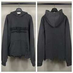 BLCG Washed Charcoal Distressed Frayed Embossed‑Letter Pullover Hoodie