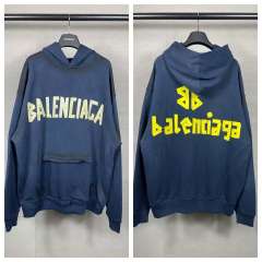 BLCG Navy Blue Distressed Frayed Yellow Letter Pullover Hoodie