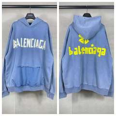 BLCG Washed Blue Distressed Frayed Contrast‑Letter Pullover Hoodie