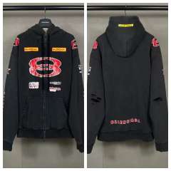 BLCG Washed Black Racing‑Style Distressed Zip‑Up Hoodie