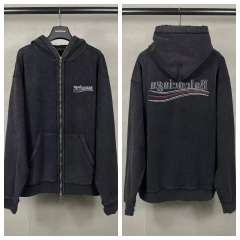 BLCG Washed Black Distressed Wave‑Line Logo Full‑Zip Hoodie