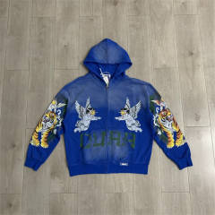 DUAA Blue Tiger Graphic Rhinestone Vintage Zip-Up Hoodie