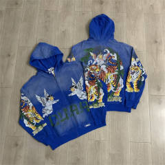 DUAA Blue Tiger Graphic Rhinestone Vintage Zip-Up Hoodie