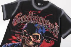Vintage Red Flame Racing Driver Skull Rhinestone Gothic Letter Distressed Print T-shirt 29052409