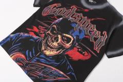 Vintage Red Flame Racing Driver Skull Rhinestone Gothic Letter Distressed Print T-shirt 29052409