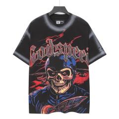 Vintage Red Flame Racing Driver Skull Rhinestone Gothic Letter Distressed Print T-shirt 29052409