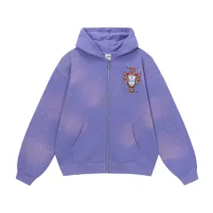 Vale Valley Letter Embroidered Rhinestone Cotton Zip-Up Hoodie