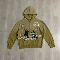 Vale Forever Vintage Distressed Embroidered Logo Zip-Up Hoodie