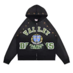 Vale Valley Collegiate Rhinestone Embroidered Washed Zip-Up Hoodie