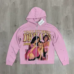 Vale Dream Valley Pink Rhinestone Distressed Zip-Up Hoodie