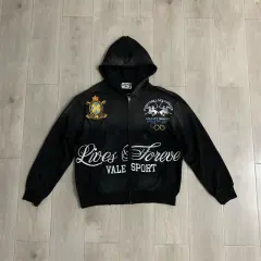 Vale Forever Vintage Distressed Embroidered Logo Zip-Up Hoodie