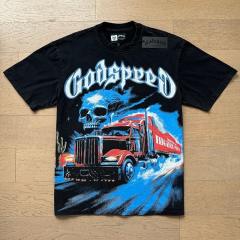Godspeed Global Red Semi Truck Night Highway Skull Graphic Tee | Black Vintage Oversized Fit