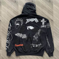 High Quality Hellstar Multi-Graphic Vintage Black Zip-Up Hoodie Sweatshirt and Pants Set