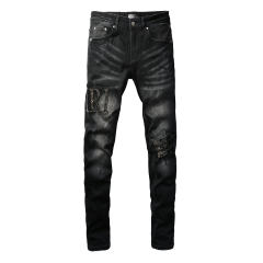 #8823 Amir* Men Black Whisker Wash Rhinestone Letter Rhinestone Mesh Patch Ripped Skinny Stretch Denim Jeans
