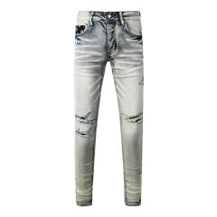 #8929 Amir* Men Light Vintage Wash Stacked Ripped Skinny Jeans, Bandana Print Knee Patch Stretch Slim Denim Pants