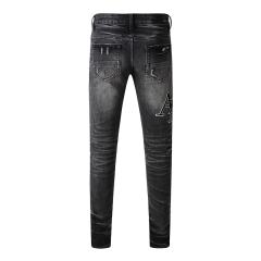 #8908 Amir* Men Black Whisker Wash Big Side Letter Print Ripped Skinny Stretch Denim Jeans