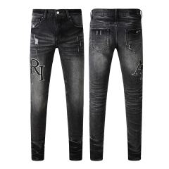 #8908 Amir* Men Black Whisker Wash Big Side Letter Print Ripped Skinny Stretch Denim Jeans