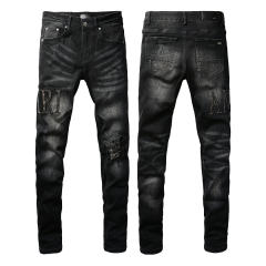 #8823 Amir* Men Black Whisker Wash Rhinestone Letter Rhinestone Mesh Patch Ripped Skinny Stretch Denim Jeans