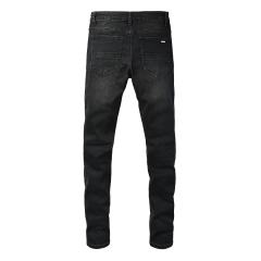 #8946 Amir* Men Black Whisker Wash Multicolor Rhinestone Stud Patch Ripped Skinny Stretch Distressed Denim Jeans