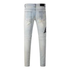 #650 Amir* Men Pale Bleach Wash Letter Print Ripped Skinny Stretch Distressed Denim Jeans