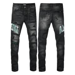 #8951 Amir* Men Black Whisker Wash Green White Letter Logo Green Fabric Patch Ripped Skinny Stretch Distressed Denim Jeans