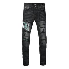 #8951 Amir* Men Black Whisker Wash Green White Letter Logo Green Fabric Patch Ripped Skinny Stretch Distressed Denim Jeans