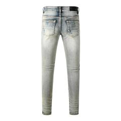 #8929 Amir* Men Light Vintage Wash Stacked Ripped Skinny Jeans, Bandana Print Knee Patch Stretch Slim Denim Pants