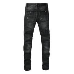 #8950 Amir* Men Black Whisker Wash Black Letter Logo White Frayed Rip Ripped Skinny Stretch Distressed Denim Jeans