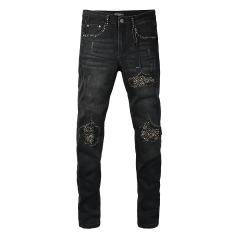 #8946 Amir* Men Black Whisker Wash Multicolor Rhinestone Stud Patch Ripped Skinny Stretch Distressed Denim Jeans
