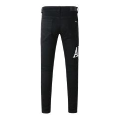 #649 Amir* Men Black Letter Print Ripped Skinny Stretch Distressed Denim Jeans