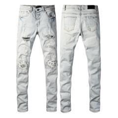 #8939 Amir* Men Pale Light Wash Leopard Print Mesh Patch Ripped Skinny Stretch Distressed Denim Jeans
