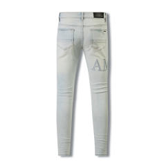 #8818 Amir* Men Pale Light Wash Rhinestone Letter Mesh Patch Ripped Skinny Stretch Denim Jeans