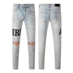 #650 Amir* Men Pale Bleach Wash Letter Print Ripped Skinny Stretch Distressed Denim Jeans