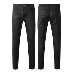 #8918 Amir* Men Solid Black Skinny Jeans, 3D Embossed Side Letter Logo Stretch Slim Fit Denim Pants