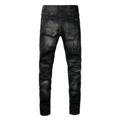 #8823 Amir* Men Black Whisker Wash Rhinestone Letter Rhinestone Mesh Patch Ripped Skinny Stretch Denim Jeans