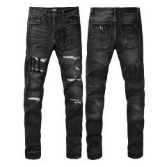 #8950 Amir* Men Black Whisker Wash Black Letter Logo White Frayed Rip Ripped Skinny Stretch Distressed Denim Jeans