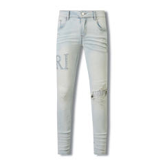 #8818 Amir* Men Pale Light Wash Rhinestone Letter Mesh Patch Ripped Skinny Stretch Denim Jeans