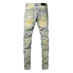 #8953 Amir* Men Light Vintage Wash Pink Fabric Patch Ripped Skinny Stretch Distressed Denim Jeans