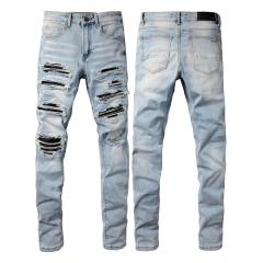 #808 Amir* Men Light Wash Black Ribbed Patch Ripped Skinny Stretch Distressed Denim Jeans