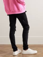 #8823 Amir* Men Black Whisker Wash Rhinestone Letter Rhinestone Mesh Patch Ripped Skinny Stretch Denim Jeans
