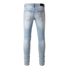 #808 Amir* Men Light Wash Black Ribbed Patch Ripped Skinny Stretch Distressed Denim Jeans